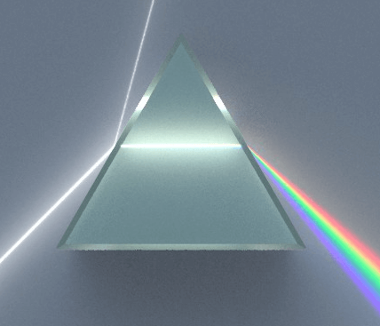 illustration of white light passing through a triangular prism, forming rainbow light