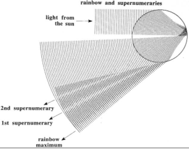 wavefronts entering a water drop, reflecting off the back and exiting. They are straight before entering, and then curved according to the drop inside and exiting the drop. The curved lines overlap where they do in the previous diagram.