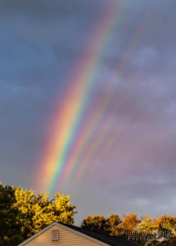 beautiful picture of the side of a rich rainbow arc with thinner fainter rainbows on its inside edge. the sun is casting golden light on the trees behind the roof of a house.