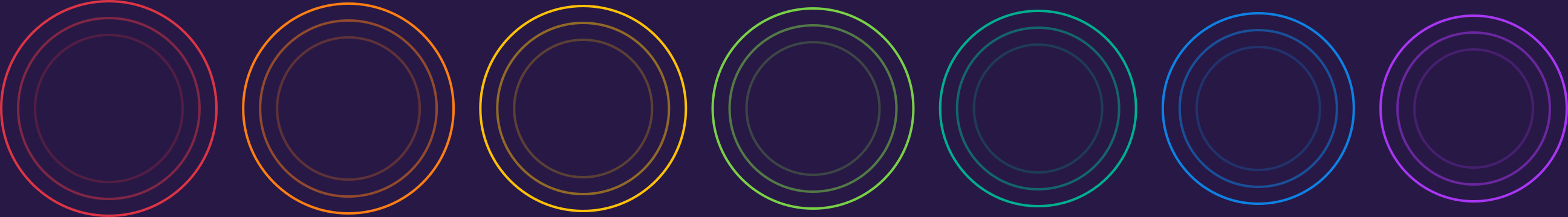 seven rings with two rings nested in each. The largest is the red rings, and the smallest is the violet rings.