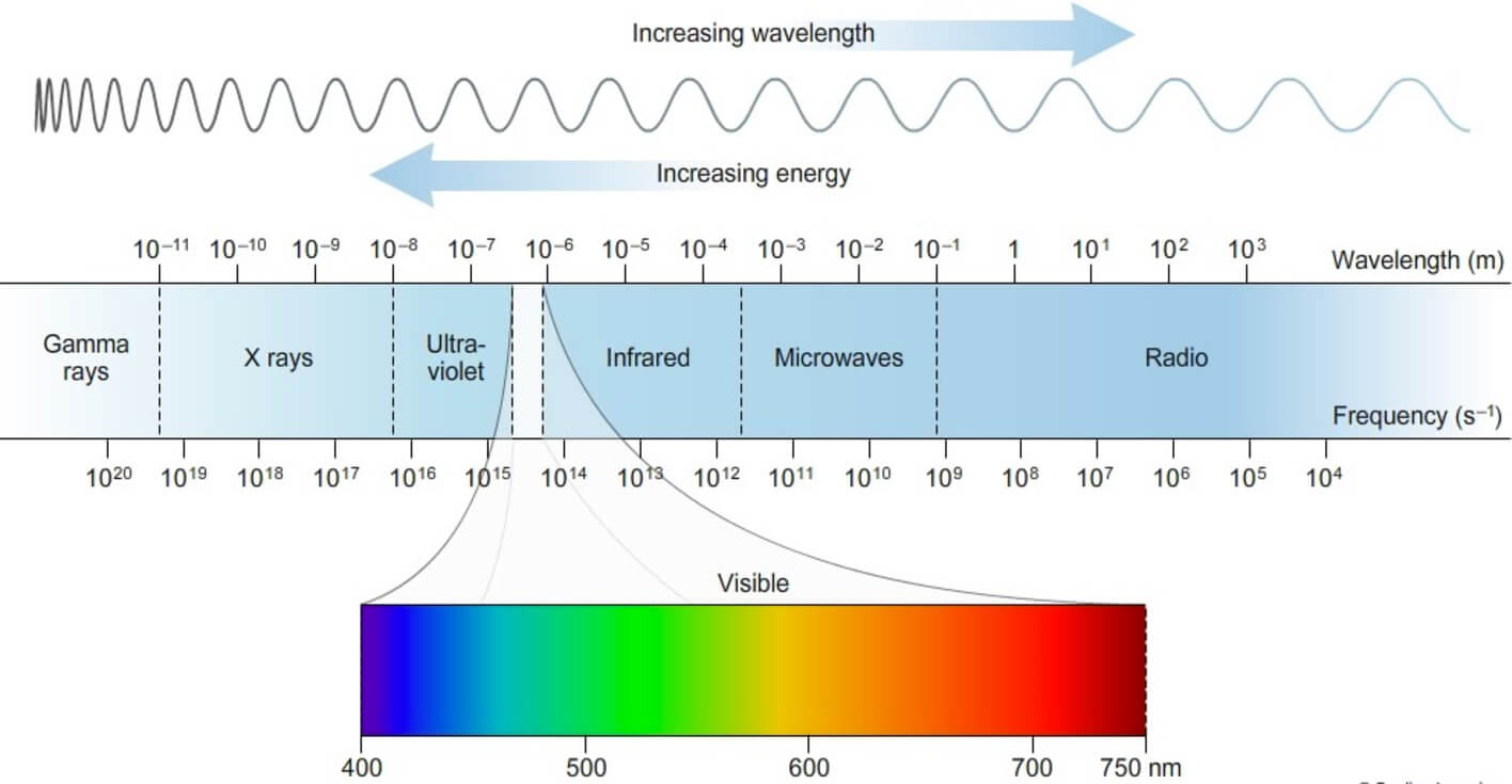 diagram of the electromagnetic spectrum. From smallest to longest wavelength: Gamma rays, X rays, ultra violet, visable spectrum, infrared, microwaves, and radio waves.