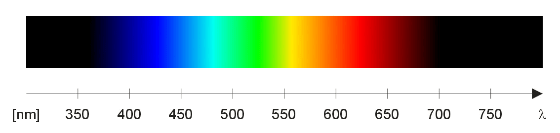 visable spectrum diagram. Violet starts at approx. 375 nanometers, going through the colors of the rainbow before ending in red at 700 nanometers.